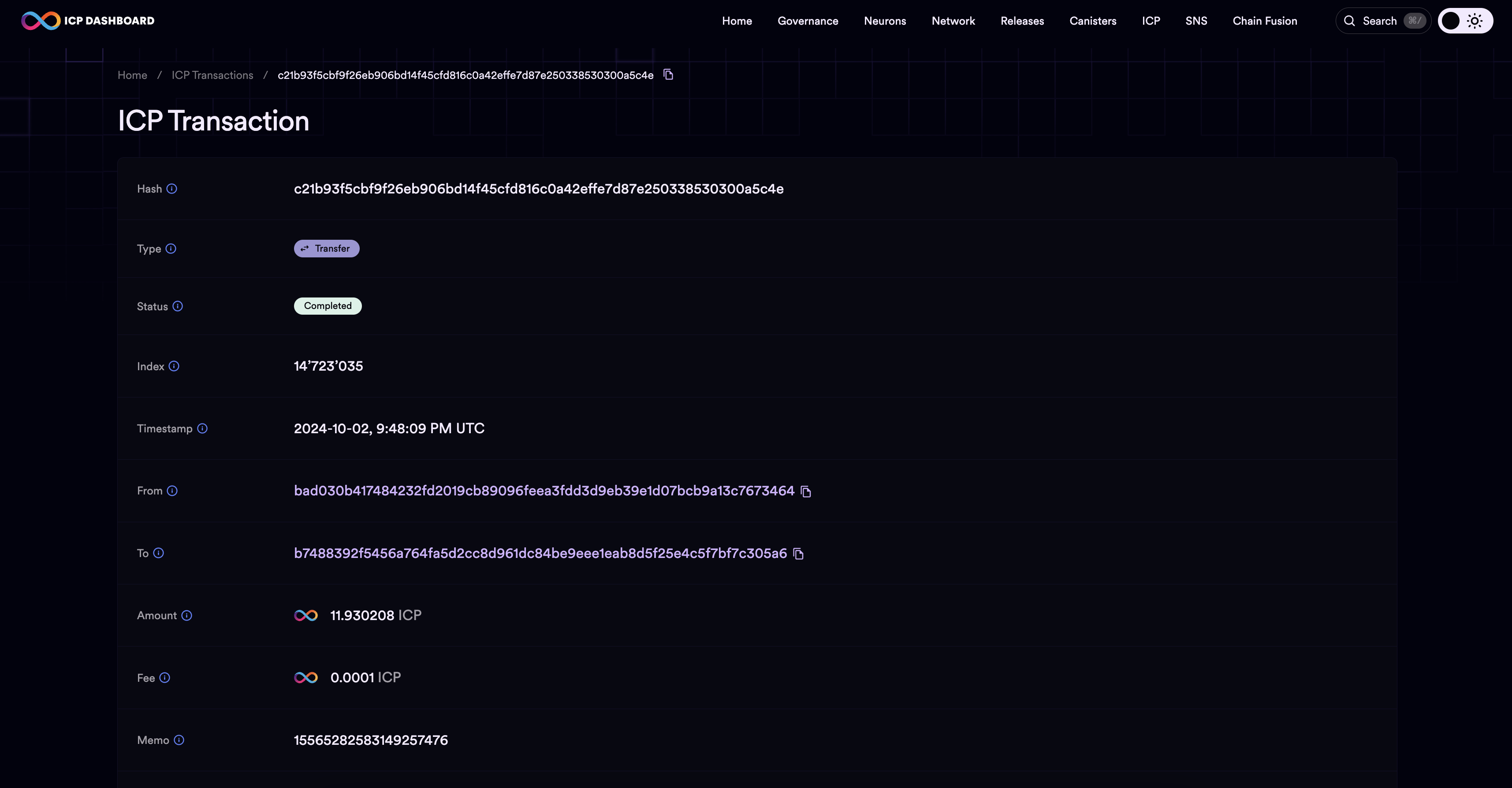 ICP dashboard transaction details