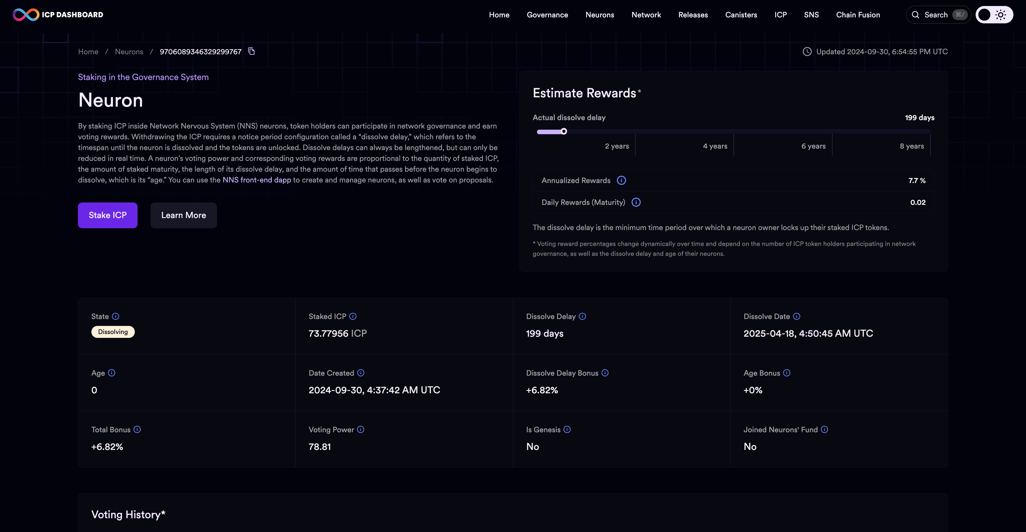 ICP dashboard neuron details